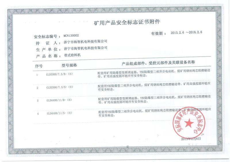 礦用產品安全標志證書附件